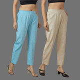 Combo of 2 Women Beige Sky Blue Cotton Trouser Pant