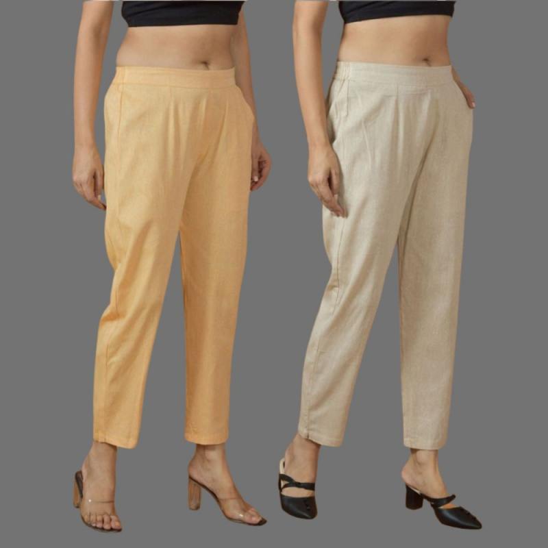 Combo of 2 Women Beige Yellow Cotton Trouser Pant