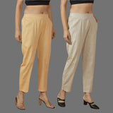 Combo of 2 Women Beige Yellow Cotton Trouser Pant