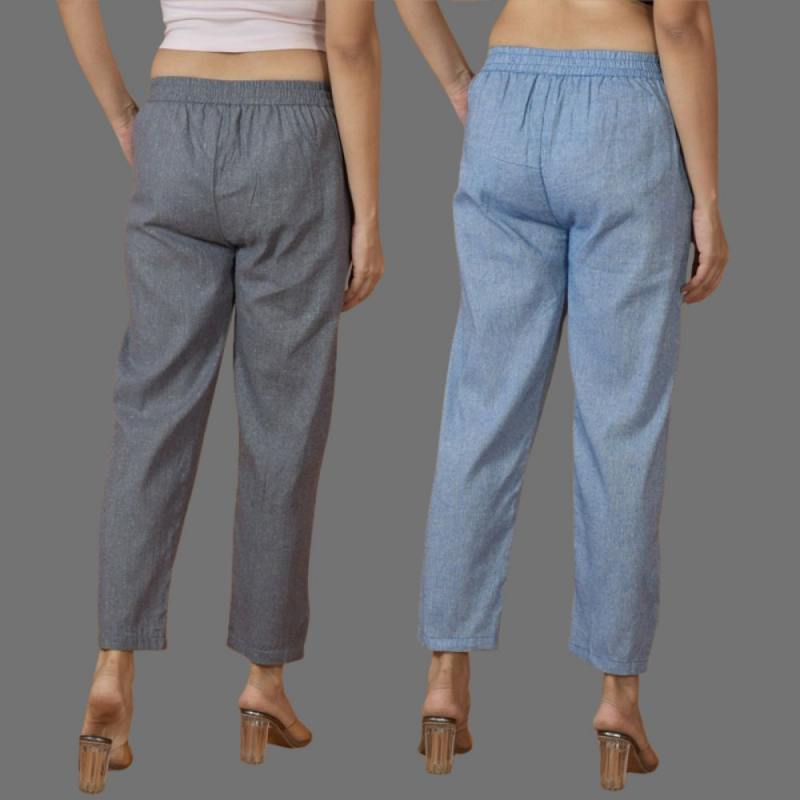 Combo of 2 Women Blue Gray Cotton Trouser Pant