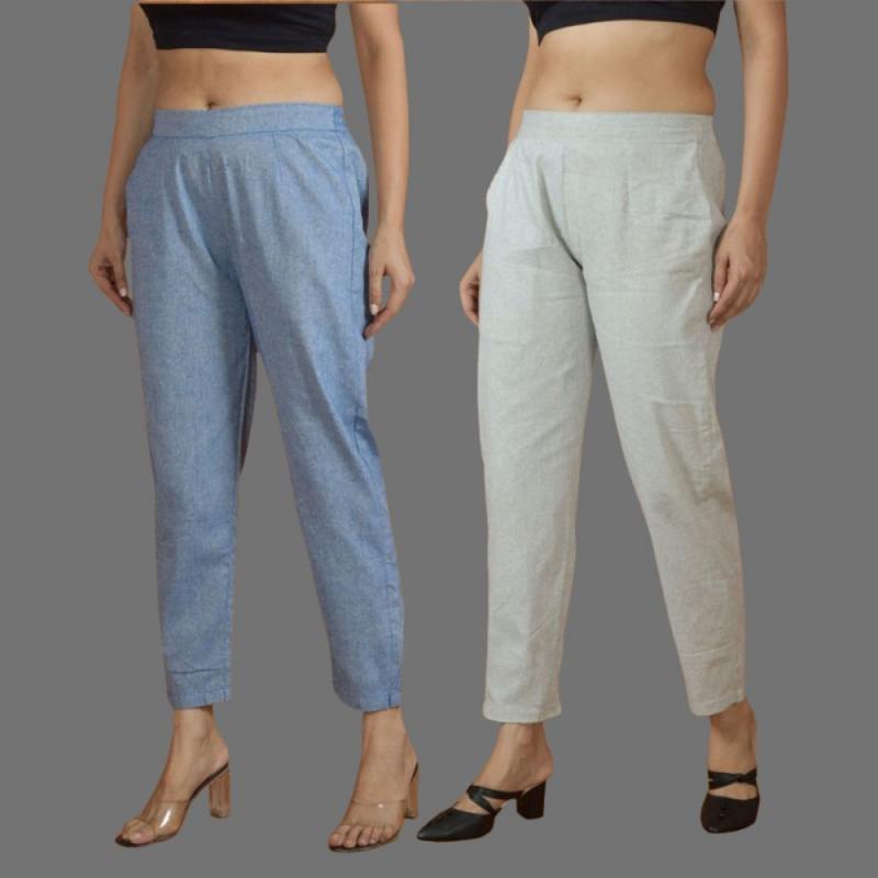 Combo of 2 Women Blue Light Gray Cotton Trouser Pant