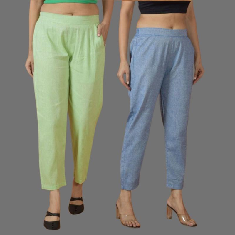 Combo of 2 Women Blue Mint Green Cotton Trouser Pant