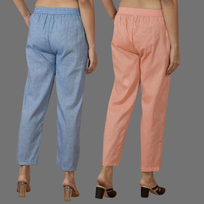 Combo of 2 Women Blue Peach Cotton Trouser Pant