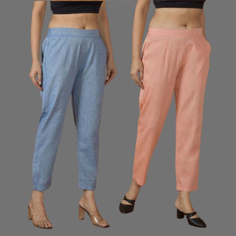 Combo of 2 Women Blue Peach Cotton Trouser Pant