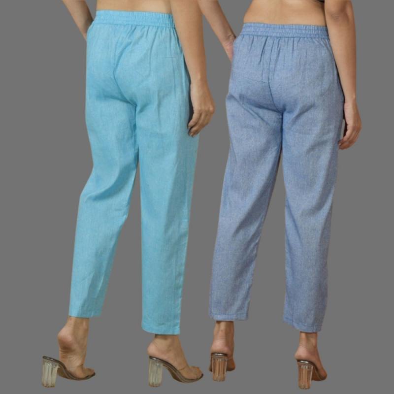 Combo of 2 Women Blue Sky Blue Cotton Trouser Pant