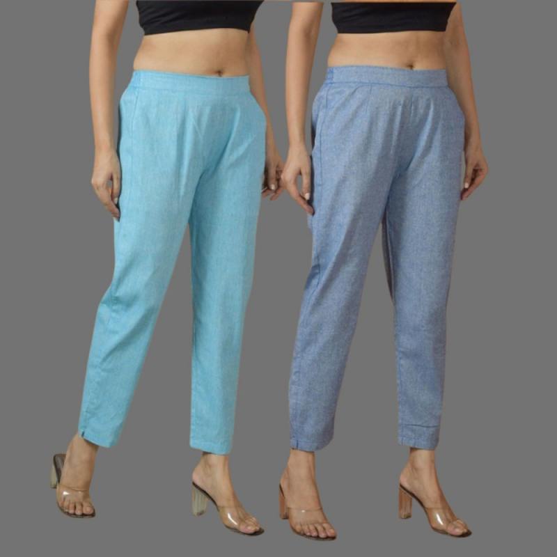 Combo of 2 Women Blue Sky Blue Cotton Trouser Pant