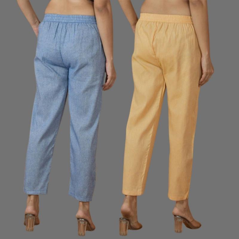 Combo of 2 Women Blue Yellow Cotton Trouser Pant
