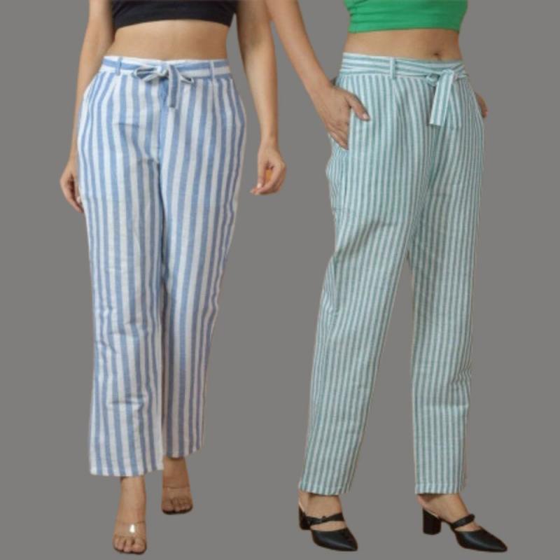 Combo of 2 Women Purple Blue Cotton Checks Belt Pant