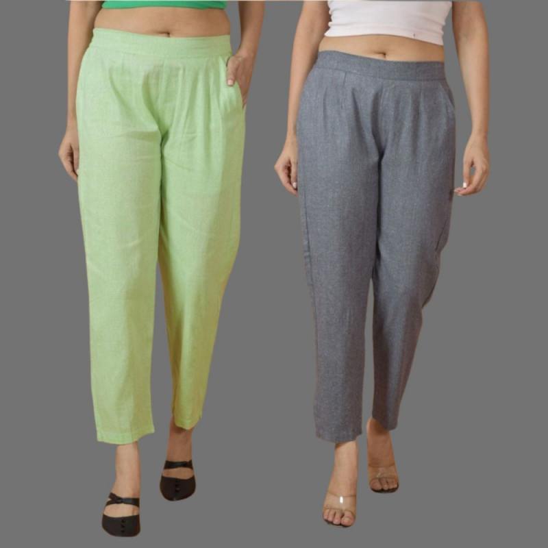 Combo of 2 Women Gray Mint Green Cotton Trouser Pant