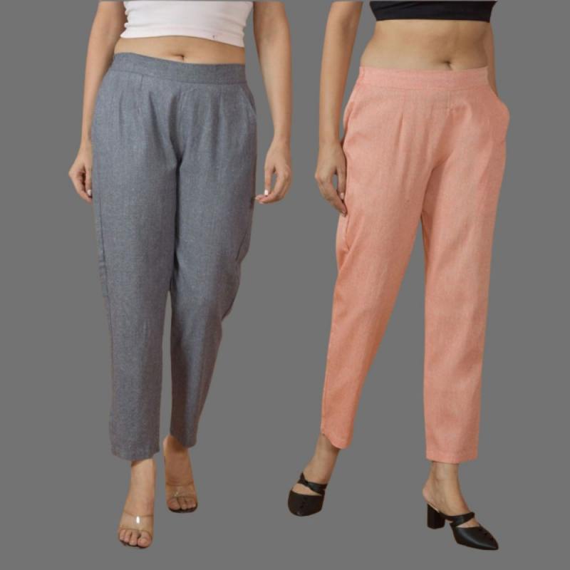 Combo of 2 Women Gray Peach Cotton Trouser Pant