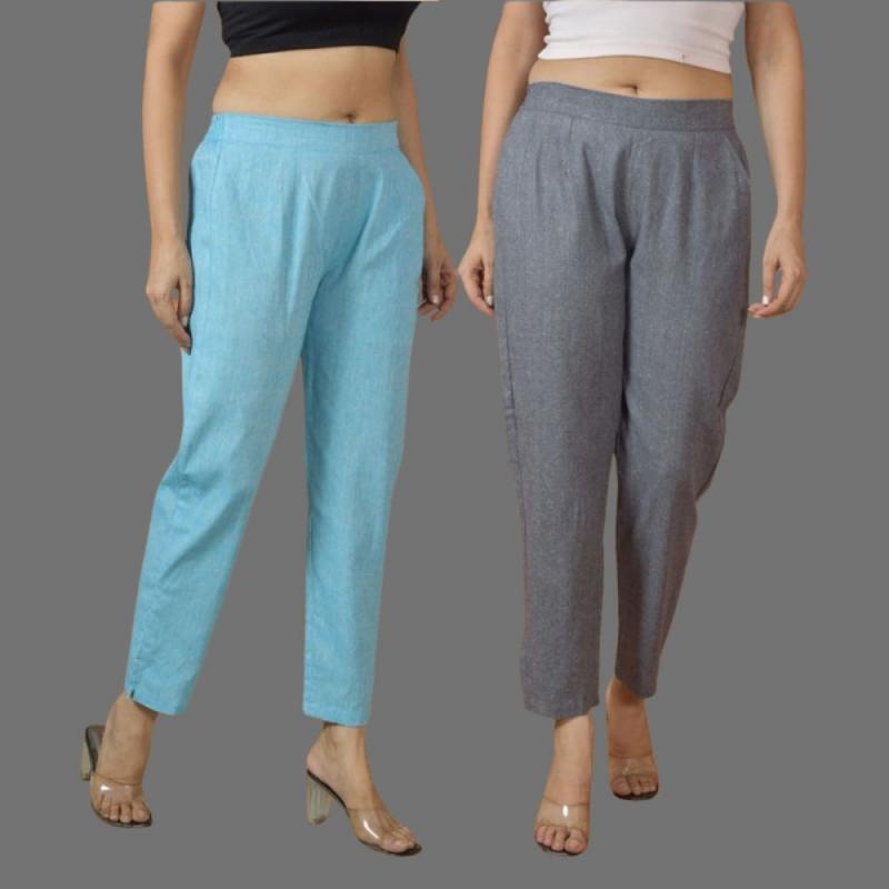 Combo of 2 Women Gray Sky Blue Cotton Trouser Pant