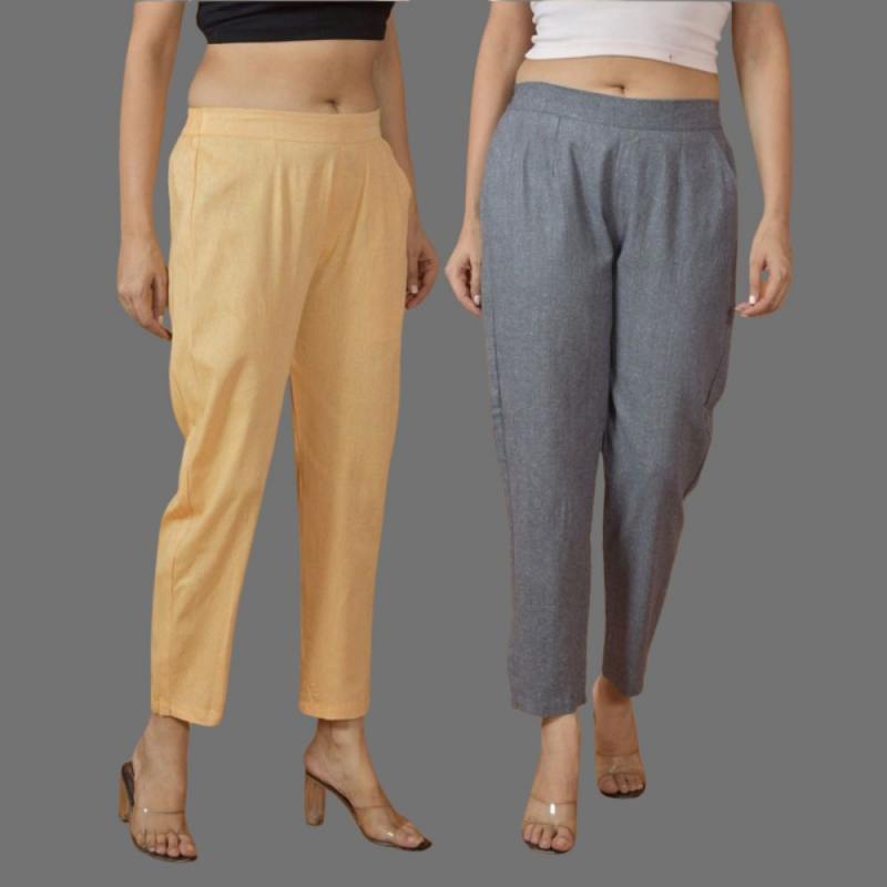Combo of 2 Women Gray Yellow Cotton Trouser Pant