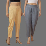 Combo of 2 Women Gray Yellow Cotton Trouser Pant