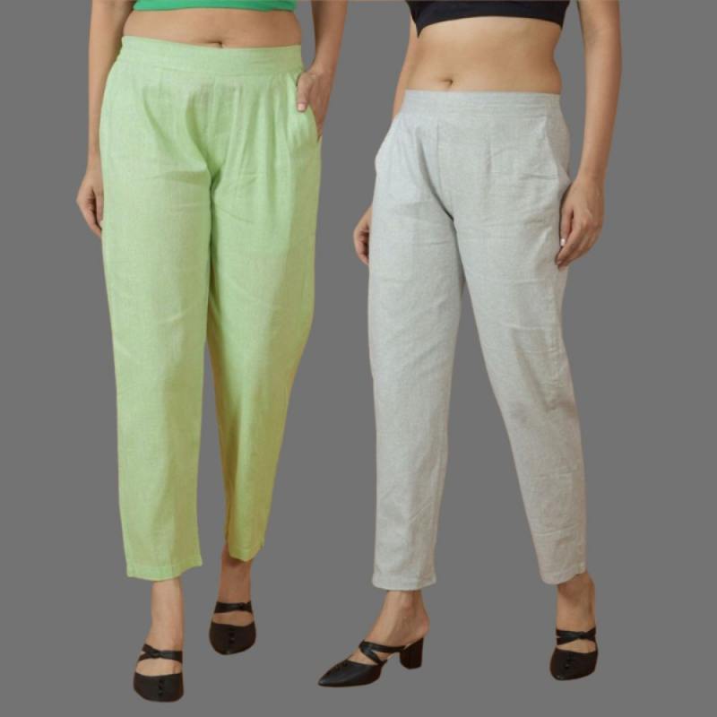 Combo of 2 Women Light Gray Mint Green Cotton Trouser Pant