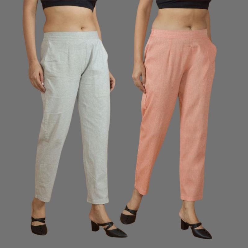 Combo of 2 Women Light Gray Peach Cotton Trouser Pant