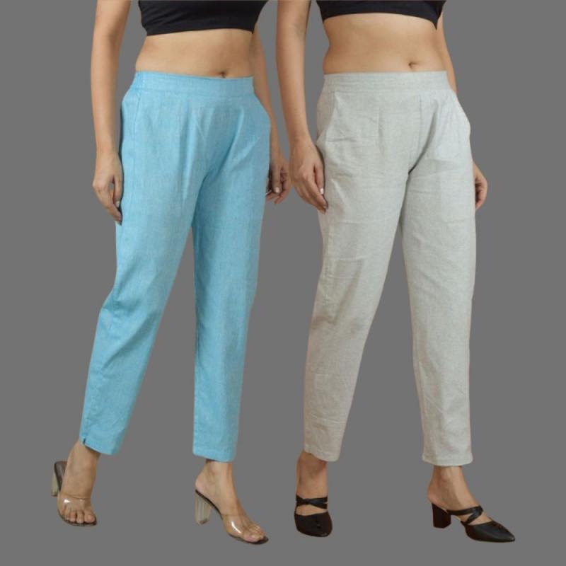 Combo of 2 Women Light Gray Sky Blue Cotton Trouser Pant