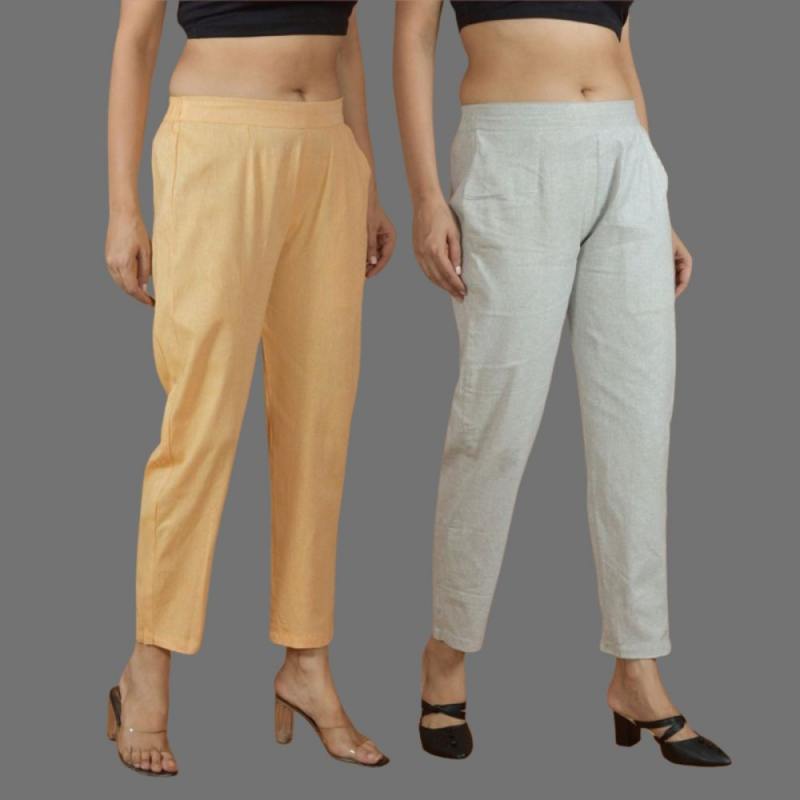 Combo of 2 Women Light Gray Yellow Cotton Trouser Pant