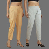 Combo of 2 Women Light Gray Yellow Cotton Trouser Pant