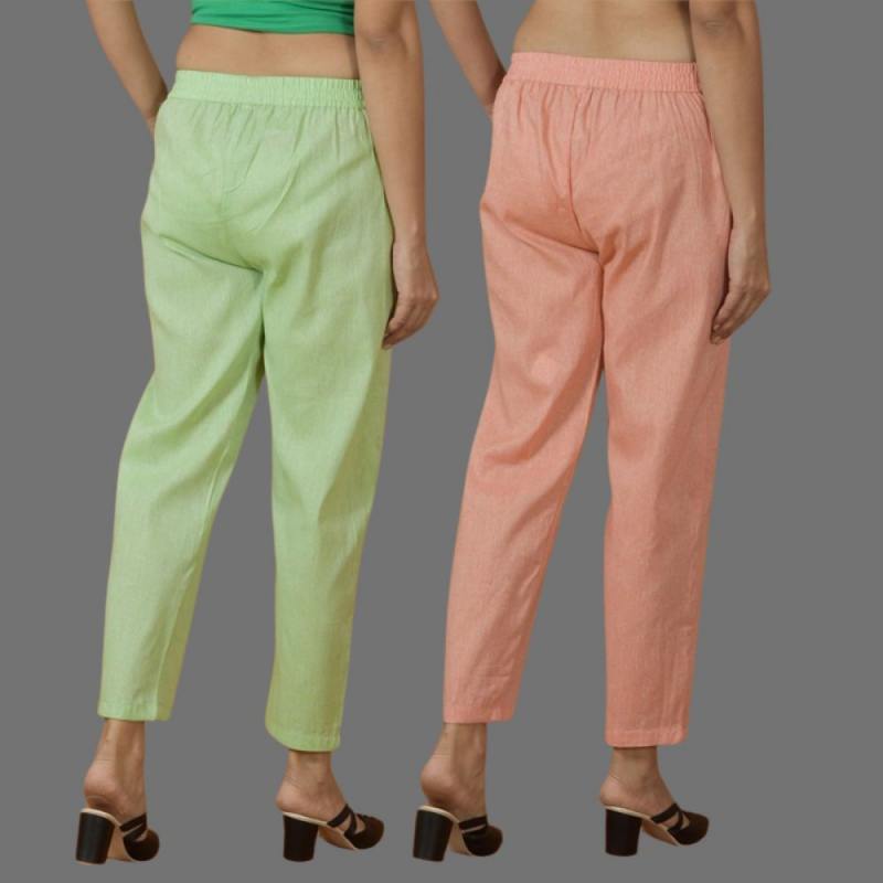 Combo of 2 Women Mint Green Peach Cotton Trouser Pant