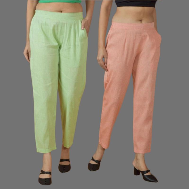 Combo of 2 Women Mint Green Peach Cotton Trouser Pant