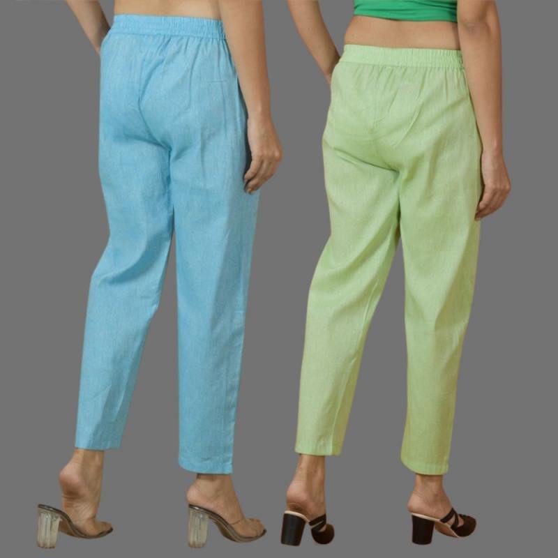 Combo of 2 Women Mint Green Sky Blue Cotton Trouser Pant