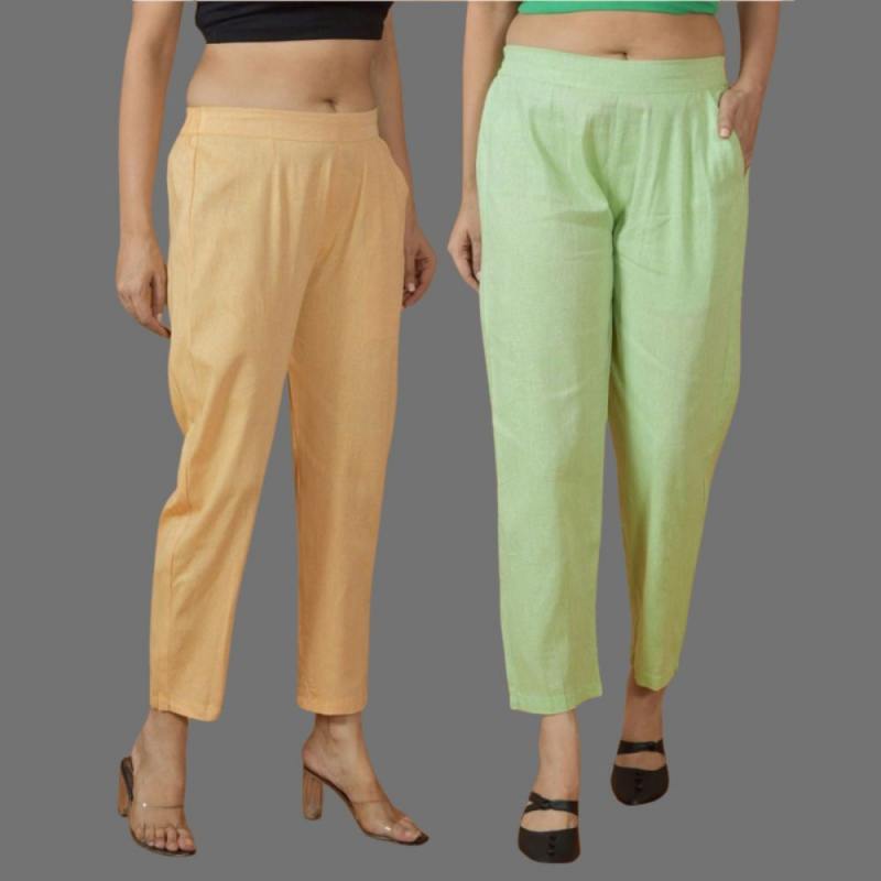 Combo of 2 Women Mint Green Yellow Cotton Trouser Pant