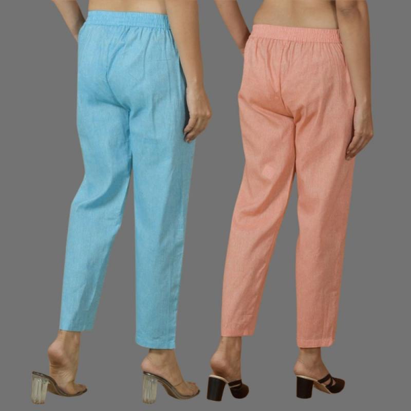 Combo of 2 Women Peach Sky Blue Cotton Trouser Pant