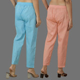 Combo of 2 Women Peach Sky Blue Cotton Trouser Pant