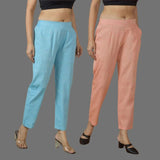 Combo of 2 Women Peach Sky Blue Cotton Trouser Pant