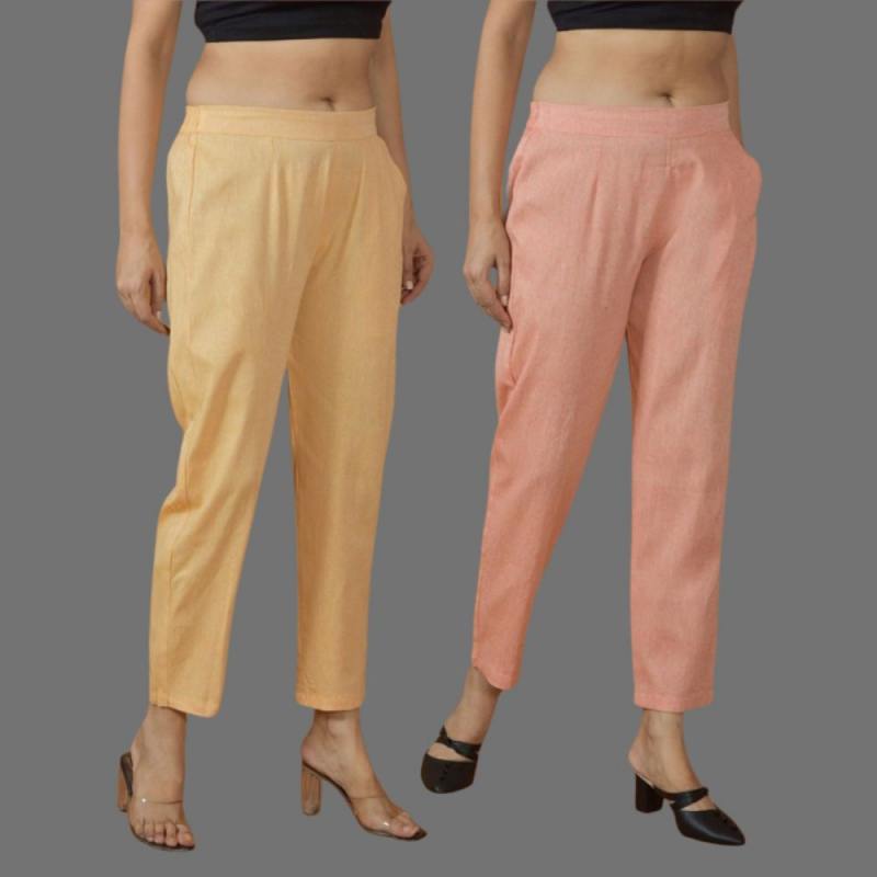 Combo of 2 Women Peach Yellow Cotton Trouser Pant