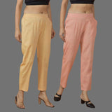 Combo of 2 Women Peach Yellow Cotton Trouser Pant