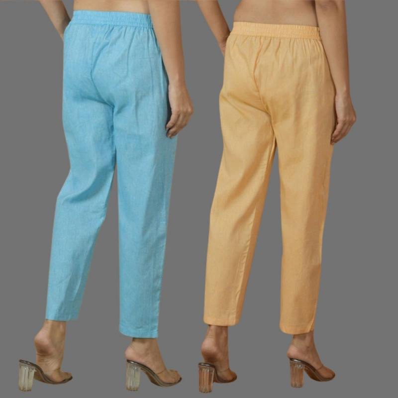 Combo of 2 Women Sky Blue Yellow Cotton Trouser Pant