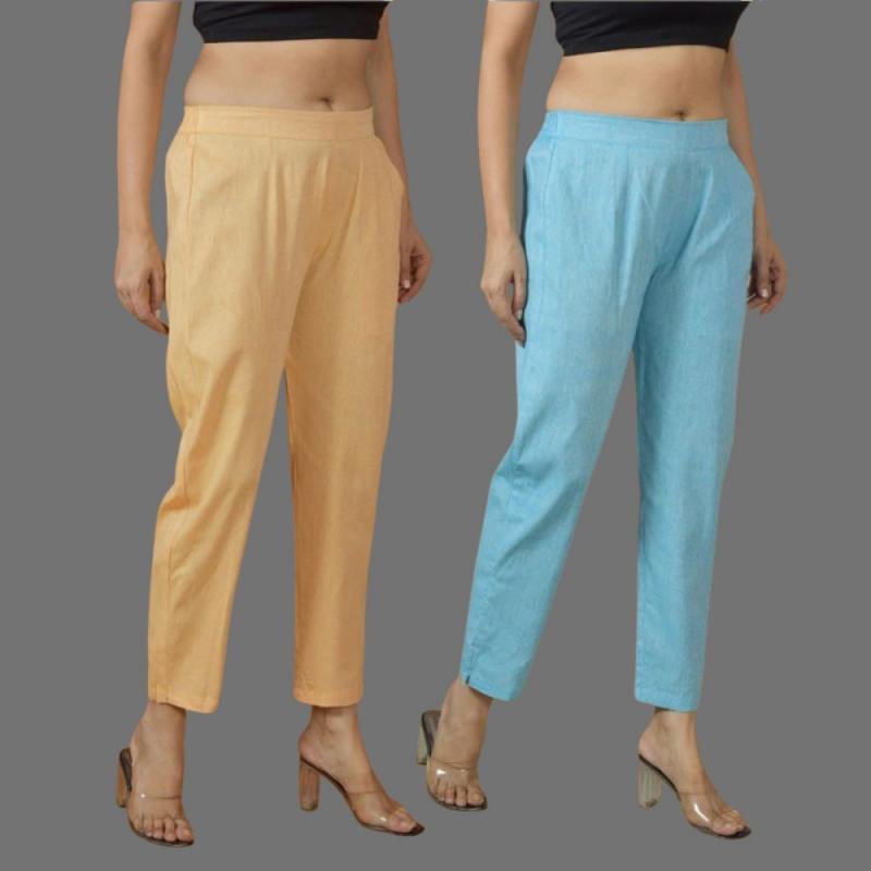 Combo of 2 Women Sky Blue Yellow Cotton Trouser Pant