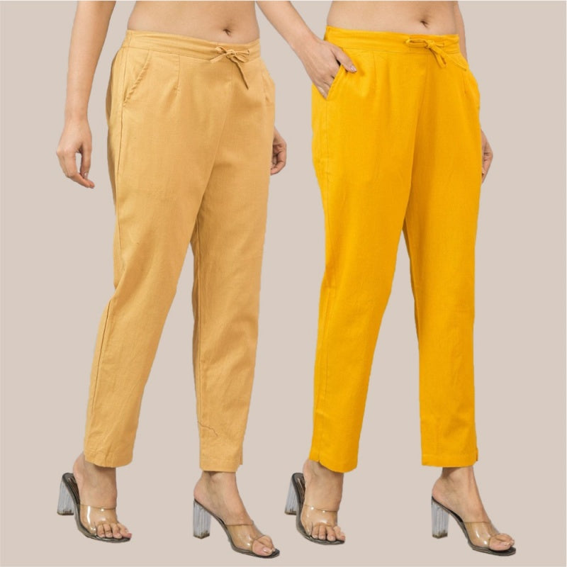 Combo of 2 White and Beige Cotton Flax Women Trouser Pant