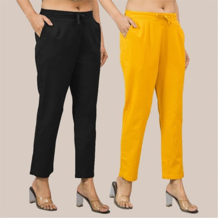 Combo of 2 Yellow and Black Cotton Flax Women Trouser Pant-10337