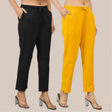 Combo of 2 Yellow and Black Cotton Flax Women Trouser Pant-10337