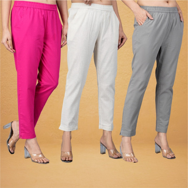 Combo of 3 Cotton Beige Gray and Pink Women Regular Fit Solid Trousers