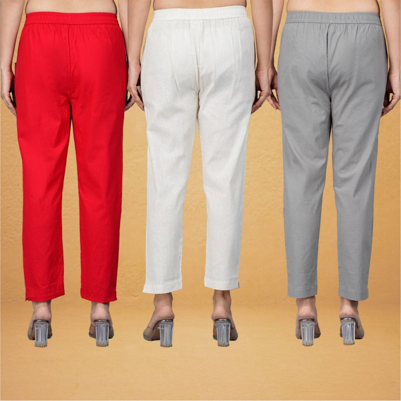 Combo of 3 Cotton Beige Gray and Red Women Regular Fit Solid Trousers
