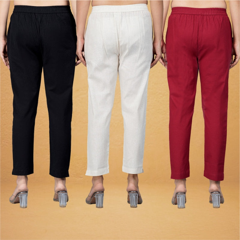 Combo of 3 Cotton Beige Maroon and Black Women Regular Fit Solid Trousers