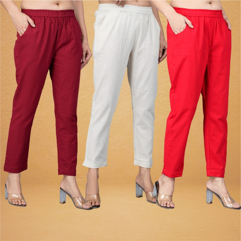 Combo of 3 Cotton Beige Red and Maroon Women Regular Fit Solid Trousers