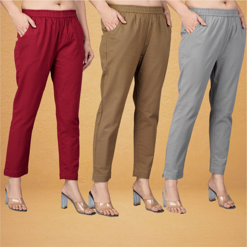 Combo of 3 Cotton Brown Gray and Maroon Women Regular Fit Solid Trousers
