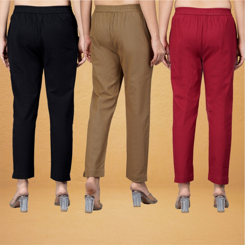 Combo of 3 Cotton Beige Gray and Black Women Regular Fit Solid Trousers