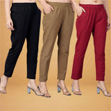 Combo of 3 Cotton Beige Gray and Black Women Regular Fit Solid Trousers
