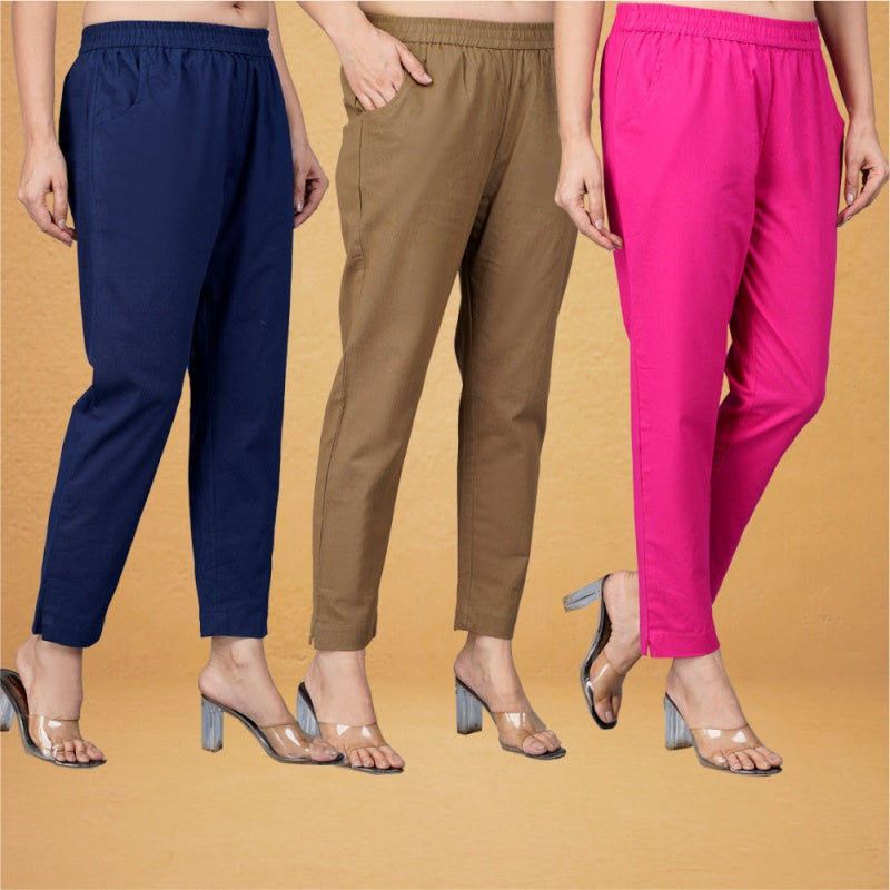 Combo of 3 Cotton Brown Pink and Navy Blue Women Regular Fit Solid Trousers