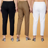 Combo of 3 Cotton Brown White and Black Women Regular Fit Solid Trousers
