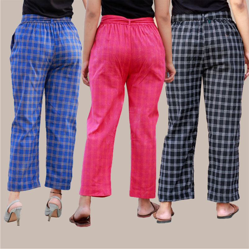 Combo of 3 Cotton Check Pant with Belt Blue Pink and Black