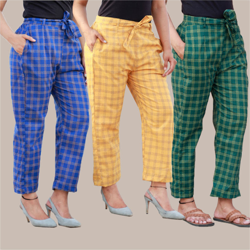 Combo of 3 Cotton Check Pant with Belt Black White and Pink