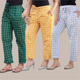 Combo of 3 Cotton Check Pant with Belt Green Yellow and White