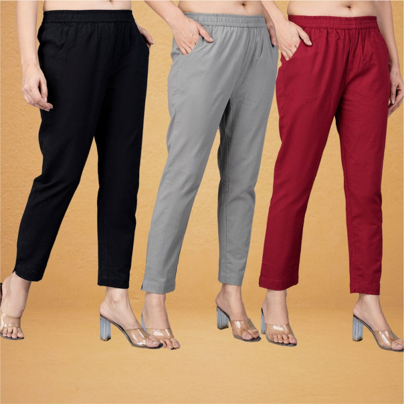 Combo of 3 Cotton Gray Maroon and Black Women Regular Fit Solid Trousers