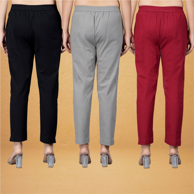 Combo of 3 Cotton Gray Red and Black Women Regular Fit Solid Trousers